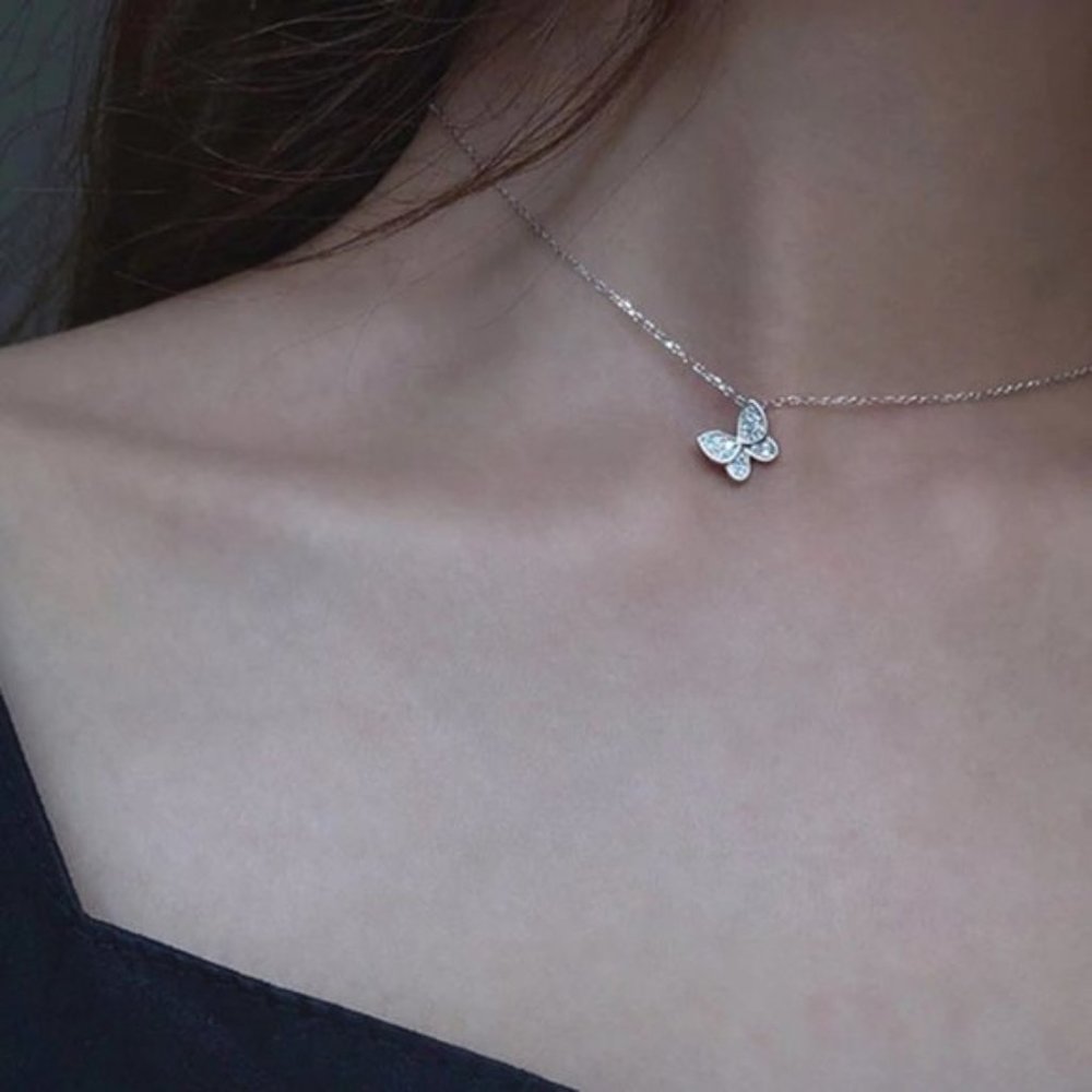 NEW Silver / Gold Cubic Zircon Butterfly Necklaces - Picture 2 of 5